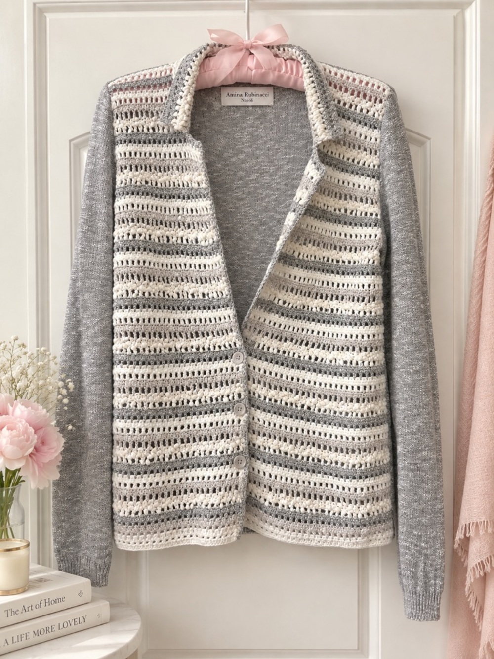 Amina Rubinacci Made in Italy Open Knit Cardigan Gray Ivory Size 44 US M